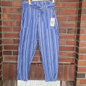 Indigo Rein Blue Striped High Rise Linen Blend Paperbag Jogger Pant Large button